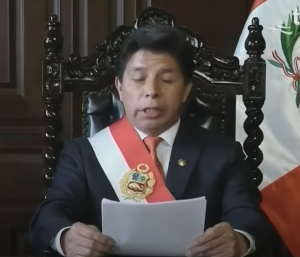 Peruvian President Pedro Castillo giving televised address dissolving Congress