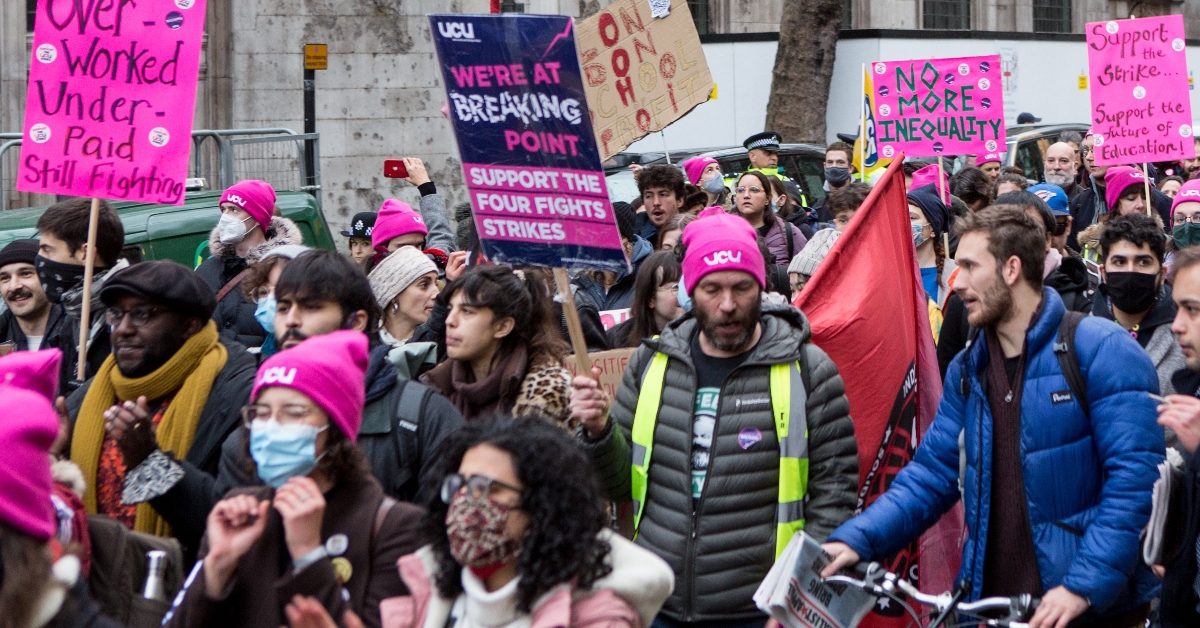 University and College Union (UCU) members on strike marching at a rally in London.